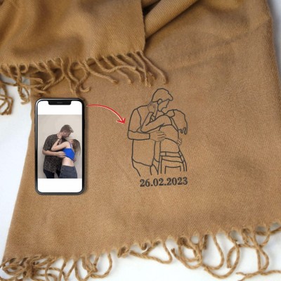Personalised Embroidered Outline Portrait Scarf Valentines Day Anniversary Gift
