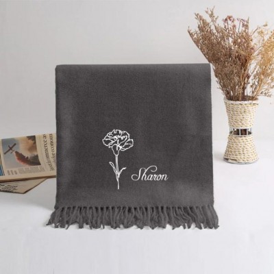 Personalised Embroidered Birth Flower Name Winter Scarf Anniversary Gift