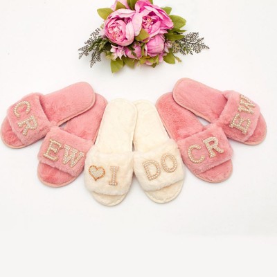 Personalised Mrs Fluffy Slippers with Rose Gold Pearl Patch-fluffy
