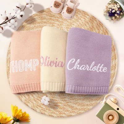 Personalised Knitted Baby Blanket with Embroidered Name Baby Shower Gift