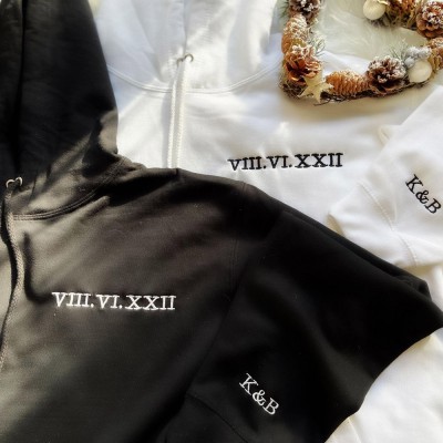 Custom Unisex Embroidery Couples Hoodies Roman Numeral Anniversary Valentines Day Gift