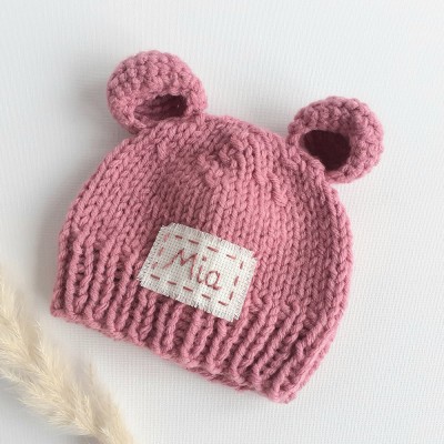  Newborn Winter Hat Knitted Personalised Newborn Boy Girl Bear Hat with Custom Name