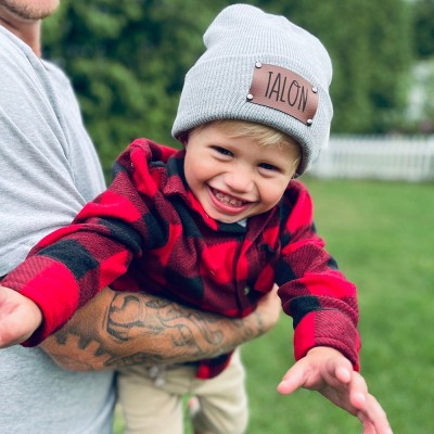 Custom Baby Beanie Toddler Winter Hat Name Hat Engraved Leather Patch Beanie