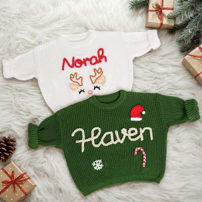 Custom Christmas Hand Embroidered Sweater Baby Name Baby Holiday Sweater