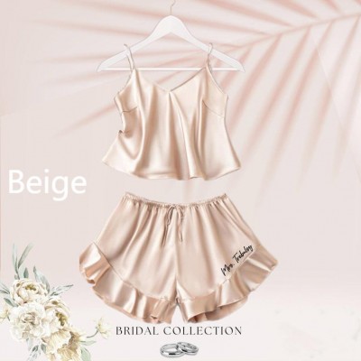 Personalised Bridesmaid Ruffle Satin Pajamas Set with Customisable Last Name