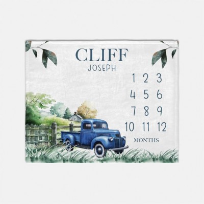 Personalised Old Blue Truck Milestone Blanket  Boy Truck Blanket