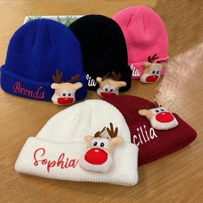 Christmas Reindeer Kids Beanie Personalised Name On Christmas Beanie Hat